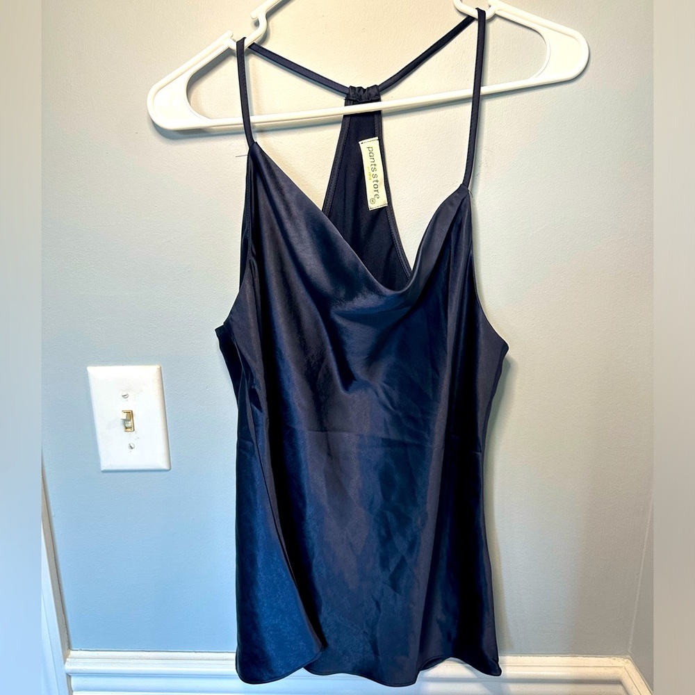 The Pants Store Navy Blue Satin Tank Top